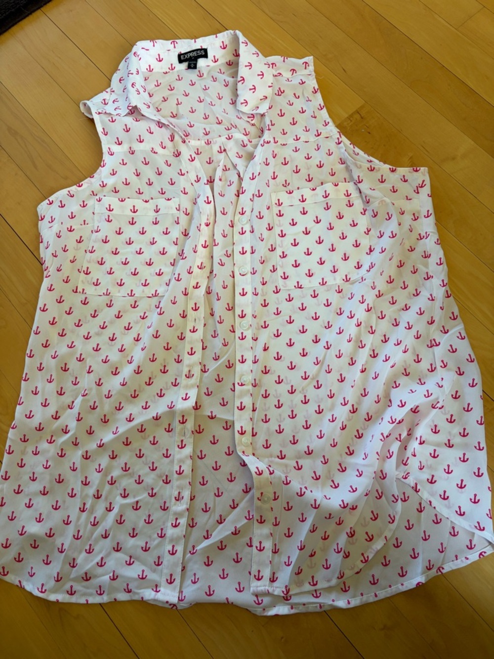 Express White Sleeveless Button-Front Top with Pink Anchor Print